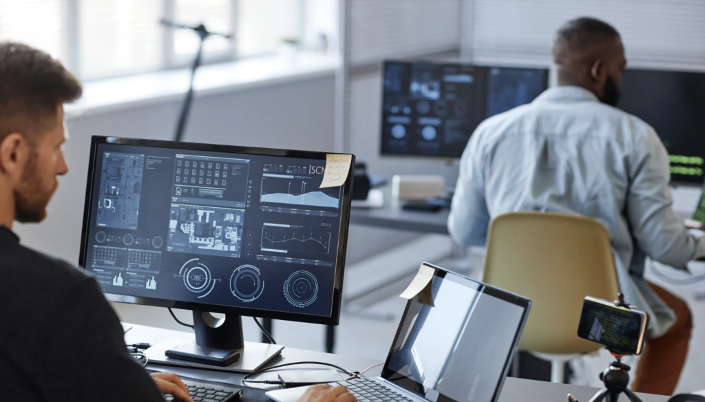 deux hommes travaillant sur une Installation informatique