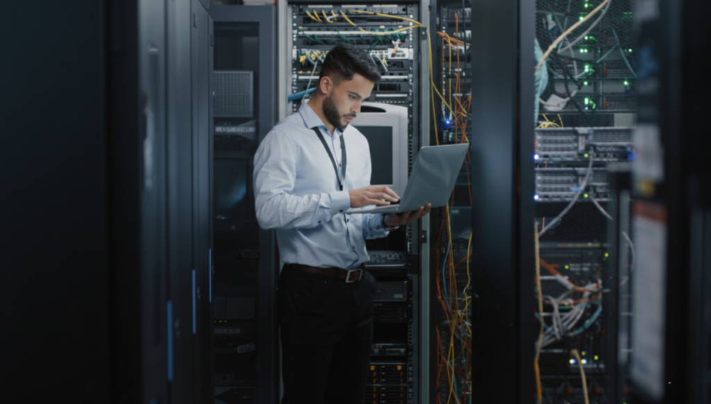 Homme travaillant au milieu des serveurs informatique
